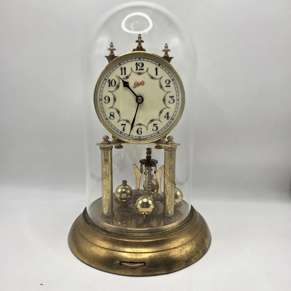 Schatz Anniversary Clock Brass German Mechanical Floral Dial Dome For Parts Only